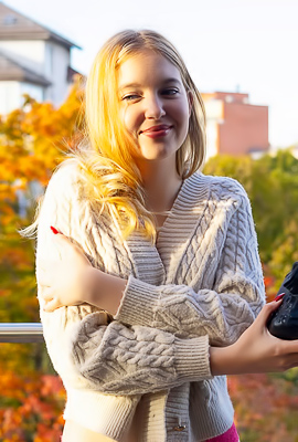 Nikoleta Reveals Perfect Breasts In Cozy Sweater And Scarlet Lace Panties On The Balcony