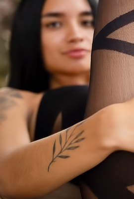 Dulce slowly stripping by Window Revealing Tattoo Through Lingerie